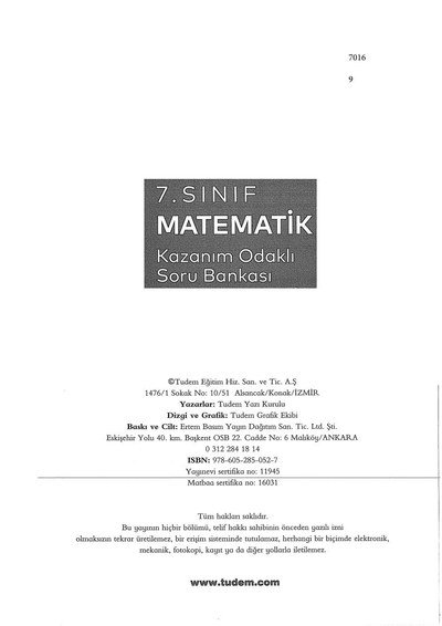 MATEMATİK KAZANIM ODAKLI SORU BANKASI YKS Fotokopi