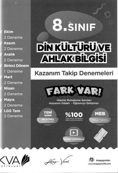 DİN KÜLTÜRÜ VE AHLAK BİLGİSİ KAZANIM TAKİP DENEMELERİ YKS Fotokopi