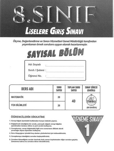 LİSELERE GİRİŞ SINAVI SAYISAL BÖLÜM DENEME SINAVI YKS Fotokopi