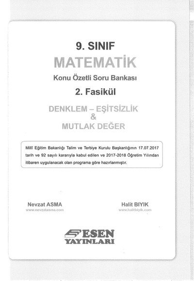MATEMATİK KONU ÖZETLİ SORU BANKASI 2.FASİKÜL DENKLEM EŞİTSİZLİK & MUTLAK DEĞER YKS Fotokopi
