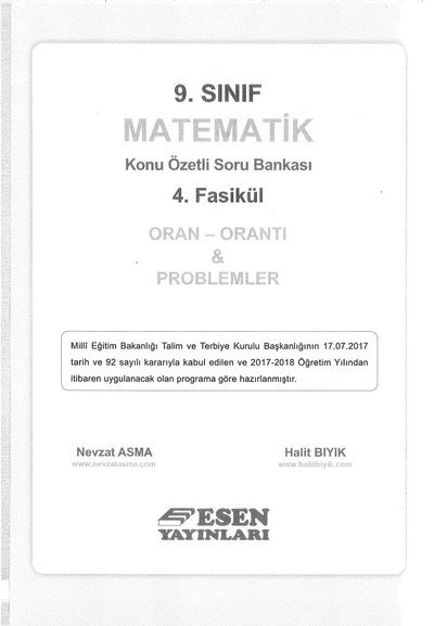 MATEMATİK KONU ÖZETLİ SORU BANKASI 4. FASİKÜL ORAN ORANTI & PROBLEMLER YKS Fotokopi