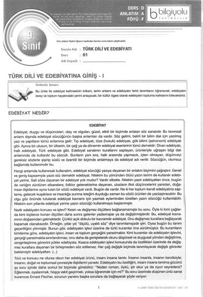 TÜRK DİLİ VE EDEBİYATINA GİRİŞ YKS Fotokopi