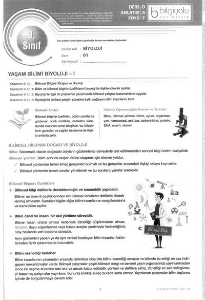 DERS ANLATIM FÖYÜ BİYOLOJİ YKS Fotokopi