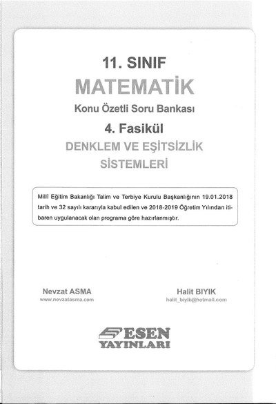 MATEMATİK KONU ÖZETLİ SORU BANKASI 4. FASİKÜL DENKLEM VE EŞİTSİZLİK SİSTEMLERİ YKS Fotokopi