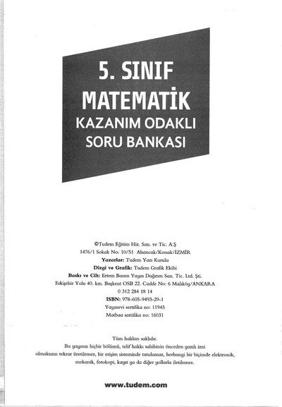 MATEMATİK KAZANIM ODAKLI SORU BANKASI YKS Fotokopi