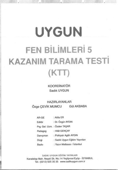 UYGUN FEN BİLİMLERİ KAZANIM TARAMA TESTİ YKS Fotokopi