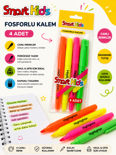 Smart Kids 4 Adet Fosforlu Kalem YKS Fotokopi