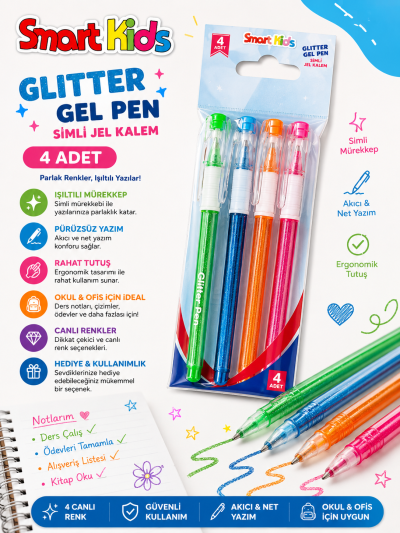 Smart Kids Glitter Simli Jel Kalem 4'lü YKS Fotokopi