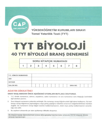 TYT Biyoloji 40 x 6 Up Deneme YKS Fotokopi