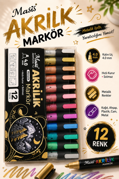 Masis AKRİLİK METALİK MARKÖRÜ 12 Lİ AKM925K-12 YKS Fotokopi