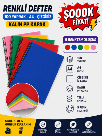 Renkli A4 100 Yaprak Çizgisiz Telli Defter YKS Fotokopi