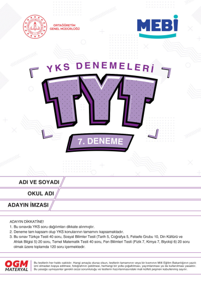 MEBİ YKS Denemeleri TYT 7. Deneme YKS Fotokopi