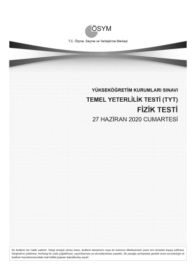 FİZİK SON 11 YIL ÇIKMIŞ SORULAR (TYT) (2020 DAHİL) YKS Fotokopi