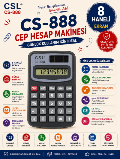 CSL CS-888 8 Hane Cep Tipi Hesap Makinesi YKS Fotokopi