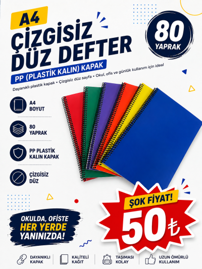 A4 80 Yaprak Çizgisiz PP (Kalın Plastik) KAPAK DEFTER YKS Fotokopi