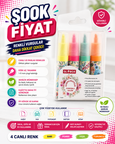 Globox Fosforlu Kalem Baskılı 4 Lü Set YKS Fotokopi