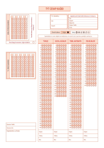 50'Lİ OPTİK FORM RENKLİ A4 ŞEKLİNDE YKS Fotokopi