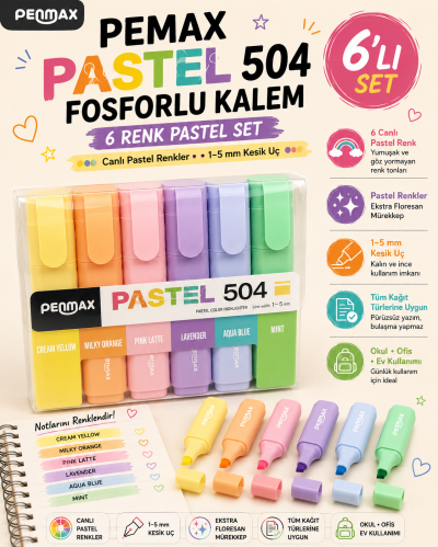 Penmax Fosforlu Işaretleme Kalemi Pastel Renkler 6'lı Set YKS Fotokopi