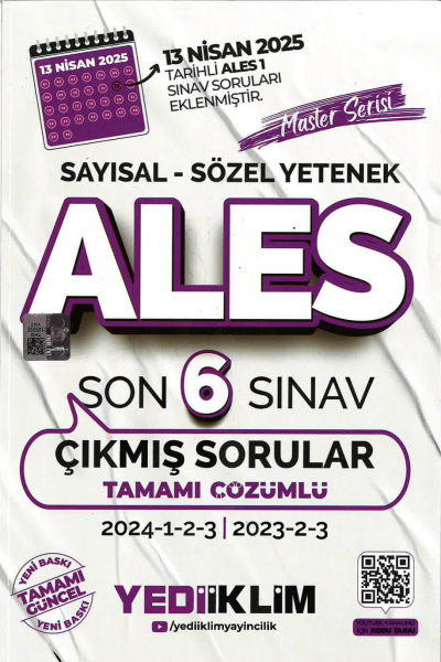 ALES Master Serisi Sayısal Sözel Yetenek Tamamı Çözümlü Son 6 Sınav Çıkmış Sorular Yediiklim Yayınları (2023-2024)