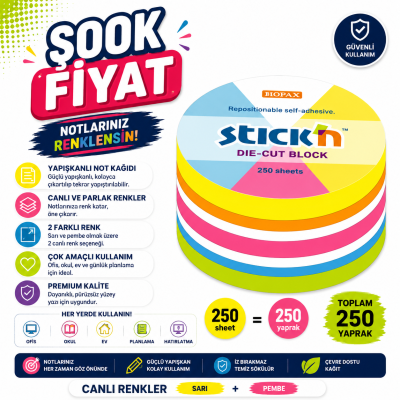 Hopax Stıck'n 21830 Yapışkanlı Yuvarlak Blok Neon 250 Yaprak YKS Fotokopi