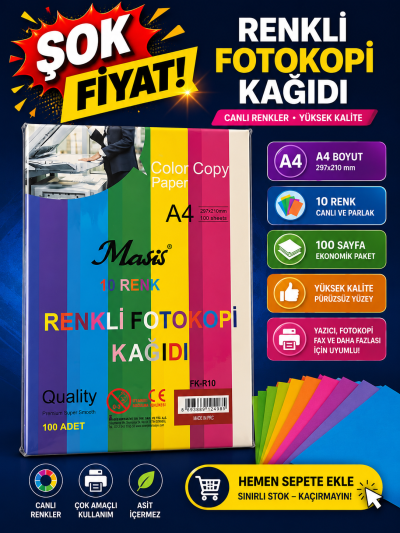 10 Renk 100 Sayfa Renkli Fotokopi Kağıdı YKS Fotokopi