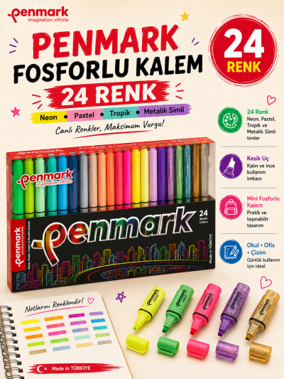 Penmark Fosforlu Kalem 24 Lü Süper Kutu 6 Neon+6 Pastel+6 Tropik+6 Simli YKS Fotokopi