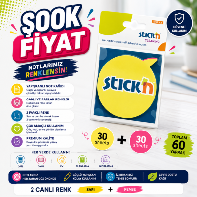 2 Neon Renk Yuvarlak Konuşma Balonu 60 Yaprak 76x76 Yapışkanlı Not Kağıdı YKS Fotokopi