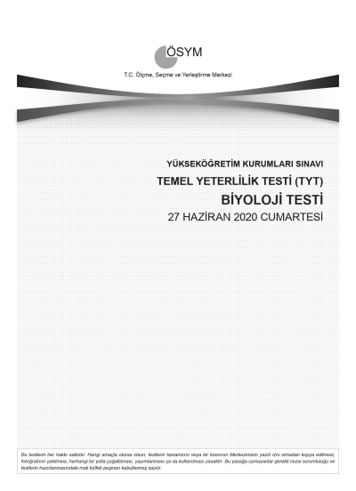 BİYOLOJİ SON 11 YIL ÇIKMIŞ SORULAR (TYT) (2020 DAHİL) YKS Fotokopi