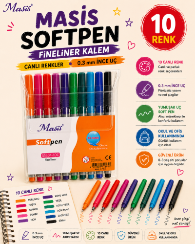 Masis Fineliner Softpen Kalem 10 Renk Pvc S5304-10c