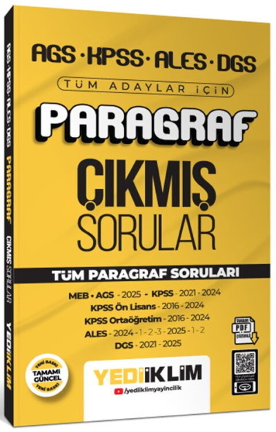 AGS KPSS ALES DGS Tüm Adaylar İçin Paragraf Tamamı PDF Çözümlü Tüm Paragraf Soruları Çıkmış Sorular Yediiklim Yayınları YKS Fotokopi