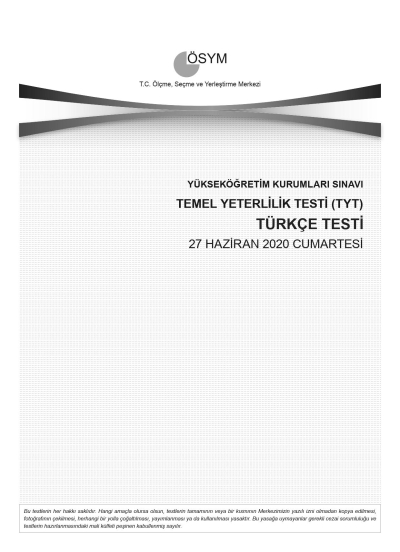 TÜRKÇE SON 11 YIL ÇIKMIŞ SORULAR (TYT) (2020 DAHİL) YKS Fotokopi