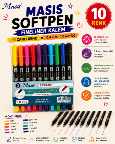 Masis Fineliner Apollo 55 İki Uçlu Kalem 10Lu YKS Fotokopi