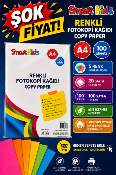 5 Renk 100 Sayfa Renkli Fotokopi Kağıdı Smart Kids YKS Fotokopi