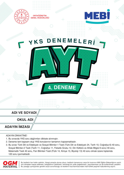 YKS Denemeleri AYT 4. Deneme MEBİ YKS Fotokopi