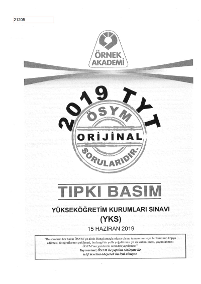 2019 TYT Deneme - TYT Türkiye Geneli Deneme Sınavı-1 (PEGEM) YKS Fotokopi