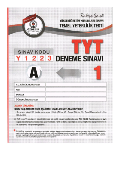 TYT TÜRKİYE GENELİ DENEME SINAVI 1 YKS Fotokopi