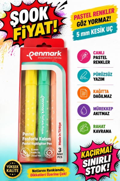 Penmark Kalem Tipi Fosforlu Kalem 3 Lü Bristol Pastel YKS Fotokopi