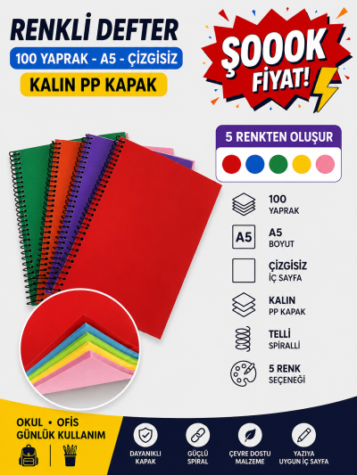 Renkli A5 100 Yaprak Çizgisiz Telli Defter YKS Fotokopi