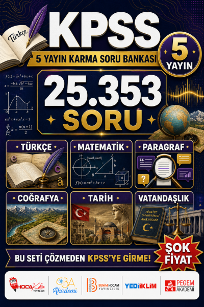 KPSS Tüm Dersler (Türkçe-Paragraf-Matematik-Coğrafya-Tarih-Vatandaşlık) 5 Yayın Karma Soru Bankası Tam 25353 Soru YKS Fotokopi