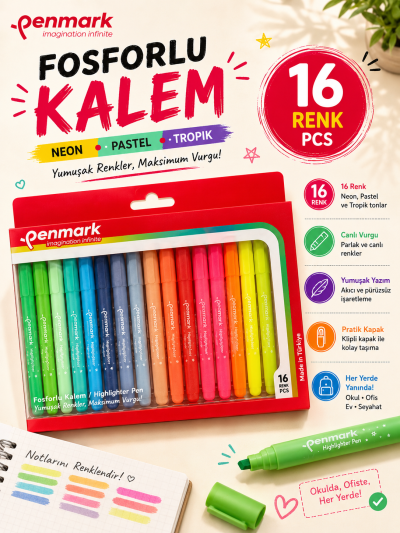 Penmark Kalem Tipi Fosforlu Kalem 18 Li Bristol Neon+Pastel+Tropik YKS Fotokopi