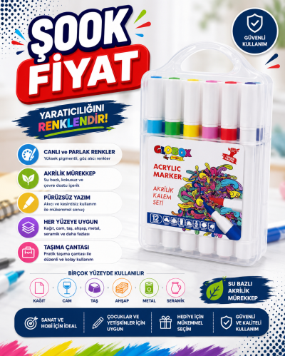 Globox Akrilik Marker Kalem Seti 12 Renk YKS Fotokopi