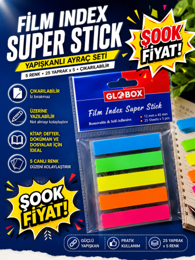 Globox Film İndex 25 Yaprak 5 Renk Kitap Defter Ayraç YKS Fotokopi
