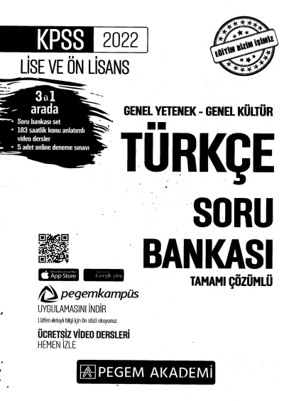 2022 KPSS LİSE VE ÖNLİSANS TÜRKÇE SORU BANKASI YKS Fotokopi