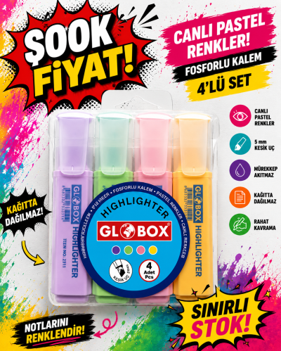 Globox Fosforlu Kalem Pastel Renk 4.lü YKS Fotokopi