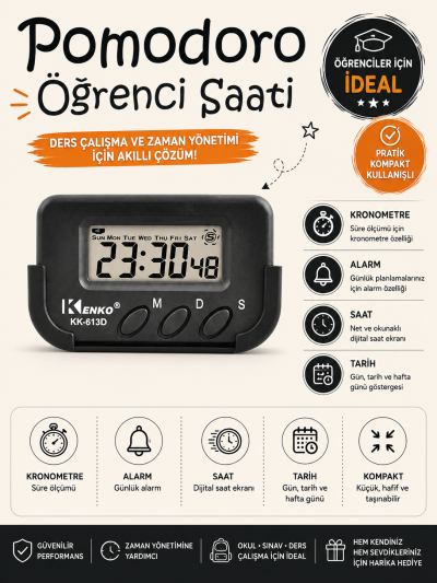Kenko Pomodoro Öğrenci Saati - Kronometreli Ders Çalışma Saati - Dijital Masa Saati Kenko KK-613D YKS Fotokopi