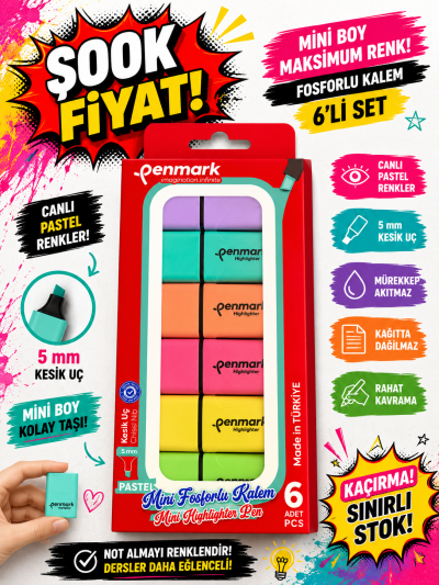 MİNİ FOSFORLU KALEM 6 LI PASTEL PENMARK YKS Fotokopi